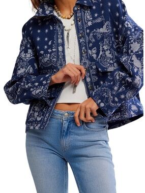 Free People Navy and White Bandana Jacquard Shirt Jacket